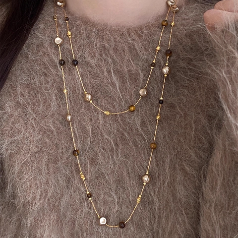 Collar Largo De Doble Capa Vintage Con Aleación Bañada En Oro De 18K Piedra Ojo De Tigre E Imitación Perla Barroca Artificial Mujer