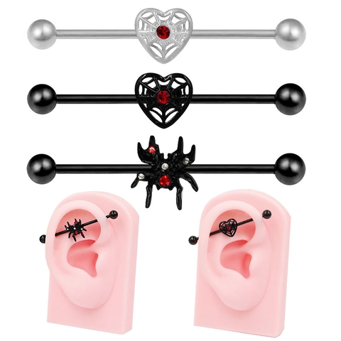 Industrial Barbell Earring Stainless Steel Spider Heart Web Red Zircon Gothic Punk Body Piercing Cartilage Stud Jewelry