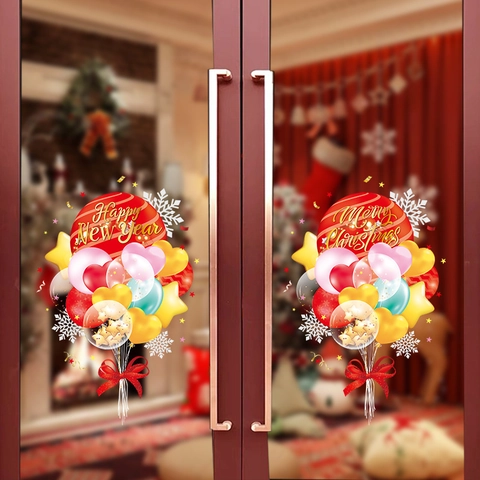 Christmas New Year Glass Window Stickers Static Adsorption PVC Double Sided Color Balloon Bowknot Decor For Shop Door