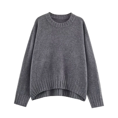 Women Crew Neck Knit Sweater Pullover Long Sleeve Solid Color Ribbed Loose Asymmetrical Hem Casual Tops