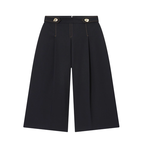 Women High Waisted Wide Leg Shorts Contrast Stitching Gold Button Decorative Casual Office Street Style Black Culottes