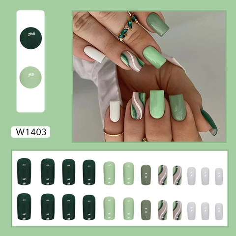 Press On Nails Green Stripe Marble Pattern Square Shape Artificial False Nails For Women Elegant Glossy Manicure
