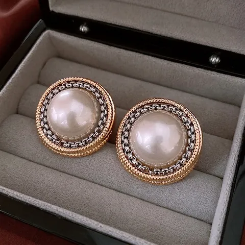 Round Button Earrings Vintage Alloy Imitation Artificial Pearl Two Tone With 925 Sterling Silver Earring Post Elegant For Women