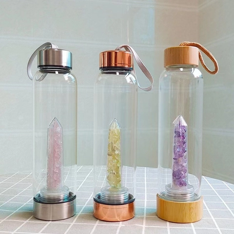 Crystal Elixir Water Bottle Natural Gemstone Infused High Borosilicate Glass With Stainless Steel Lid And Protective Sleeve
