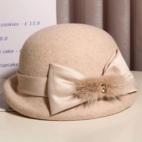 Eleganter Wollglockenhut Für Damen Mit Satinbandschleife Kunstpelz Und Kristalldekor Vintage Hepburn Stil Warm