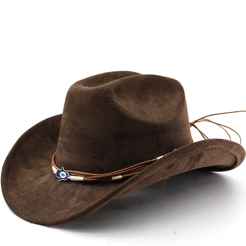 Chapeau De Cow-Boy Western Daim Feutre Large Bord Vintage Style Ethnique Avec Charme Hamsa Mauvais Oeil Corde Tressée