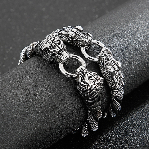 Vintage Punk Drachen Tigerkopf Armband Für Herren Edelstahl Geflochtenes Echtlederseil Retro Hip Hop Schmuck