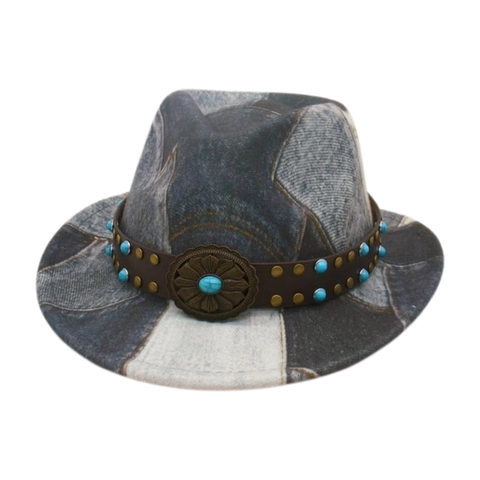 Kids Fedora Jazz Hat Western Cowboy Denim Patchwork With Leather Band Turquoise Beads Floral Concho Buckle For Children