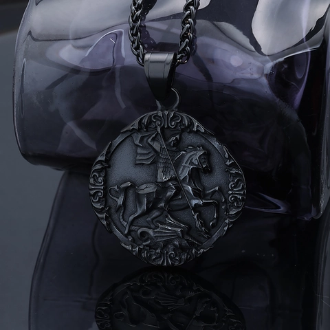 St George Slaying Dragon Relief Pendant Necklace 316L Stainless Steel Retro Knight Medal Jewelry For Men