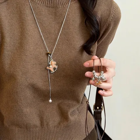 Retro Wood Horse Pendant Necklace Long Sweater Chain Silver Color Copper Jewelry With Faux Artificial Pearl And Star For Women