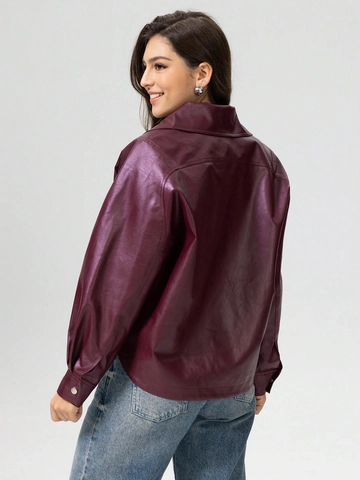 Giacca In Pelle PU Donna Bordeaux Rosso Vino Stile Biker Corta Revers Cintura Vita