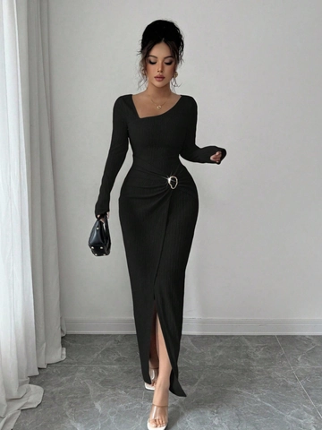 Vestito Maxi A Maniche Lunghe In Maglia A Costine Collo Asimmetrico Anello In Metallo Spacco Laterale Sexy Bodycon Donna