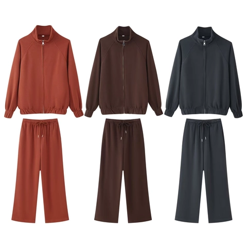 Women Zipper Sweatshirt And Wide Leg Pants Polyester Knitted Stand Collar Long Sleeve Casual Streetwear Autumn Fashion
