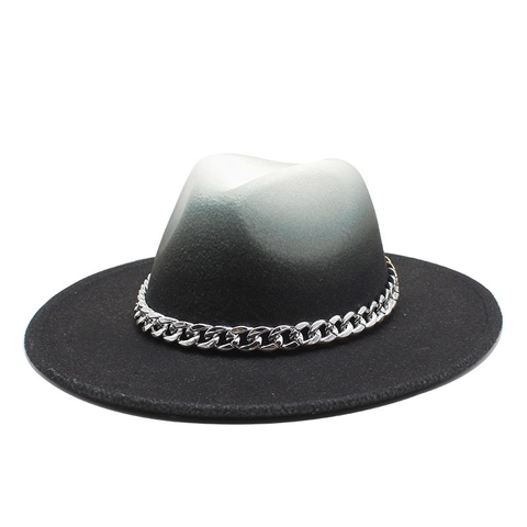 Fedora Hut Wollfilz Farbverlauf Ombre Breitkrempig Silberne Metallkette Dekoration Jazz Kappe Für Damen Herren