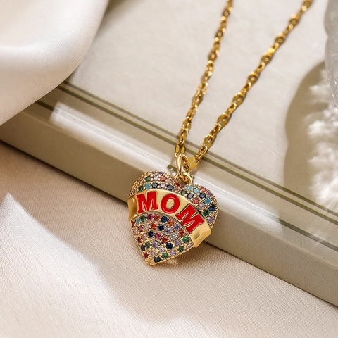 Heart Pendant Necklace 18K Gold Plated Copper With Colorful Zircon MOM Design Jewelry For Women Mother Gift