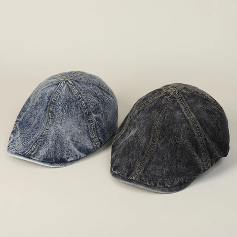 Berretto Newsboy In Denim Lavato Vintage Cotone Distressed Cappello Piatto Retrò Regolabile Ivy Per Uomini Donne