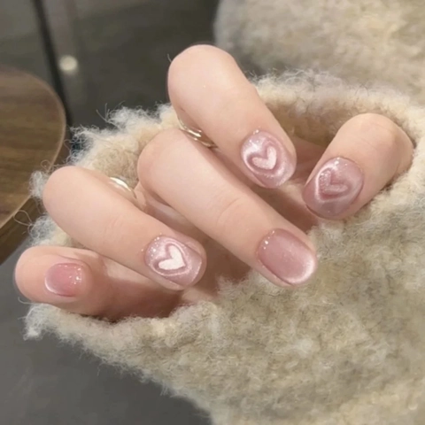 Roze Cat Eye Press On Nagels Met Hart Ontwerp Herbruikbare Handgemaakte Kunstnagels Zoete Franse Stijl Voor Dames