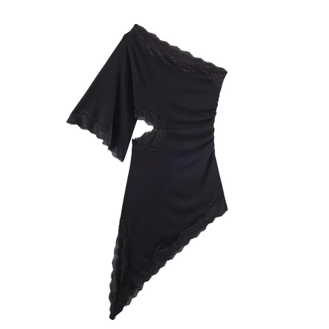 Vestido Midi Asimétrico De Un Hombro Con Ribete De Encaje Cintura Hueca Elástico Sin Mangas Fiesta Bodycon Mujeres