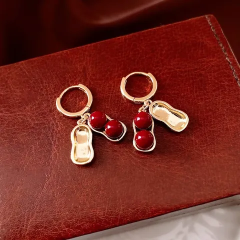 Erdnuss Anhänger Ohrringe Echt Gold Plattiert Kupfer Rote Glasperlen Chinesischer Stil Luxus Vintage Hängeohrringe Frauen