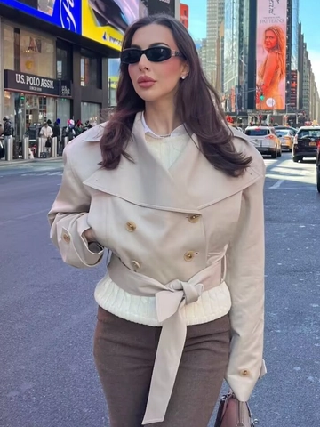 Women Short Trench Coat Jacket Double Breasted With Belt Lapel Long Sleeve Polyester Solid Chic Streetwear