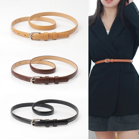 Elegant Women Slim PU Leather Belt With Alloy Pin Buckle Fashion Minimalist Waistband For Dresses And Suits