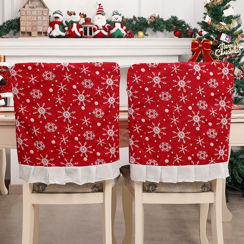Fundas Para Respaldo De Silla De Navidad Rojo Blanco Copo De Nieve Borde Con Volantes Tela Decoración De Fiesta