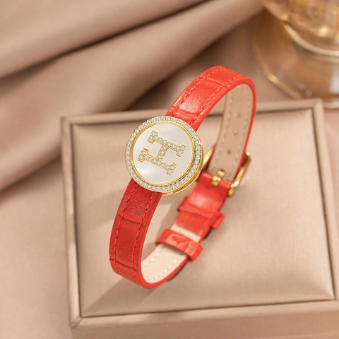 Leather Bracelet Stainless Steel Buckle Bamboo Grain Rhinestone Geometric Round Charm Mother Of Artificial Pearl Fashion Jewelry
