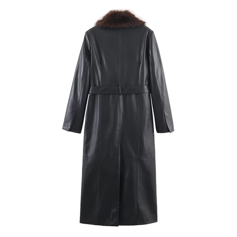 Dames Lange Kunstlederen Jas Met Kunstbontkraag Ceintuur Double Breasted Winter Warme Trenchcoat Elegant Streetwear