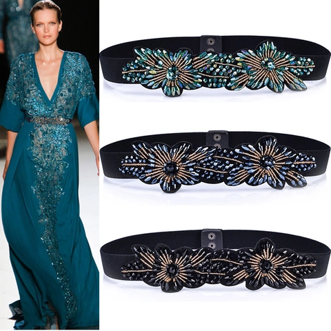 Women Elastic Corset Belt Handmade Floral Beaded Sequin Rhinestone Decorative Waistband For Dress