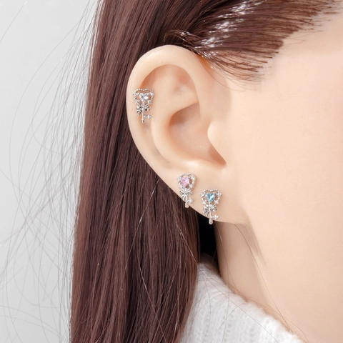Heart Key Ear Cartilage Stud Zirconia Bowknot Helix Earring Silver Plated Copper Jewelry For Women Sweet Fairy Style