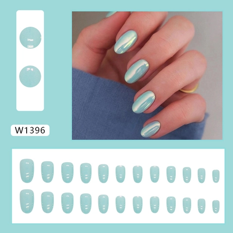 Uñas Postizas Aurora Con Brillo De Perla Artificial Iridiscente Azul Claro Verde Cortas Ovaladas Para Manicura De Mujer