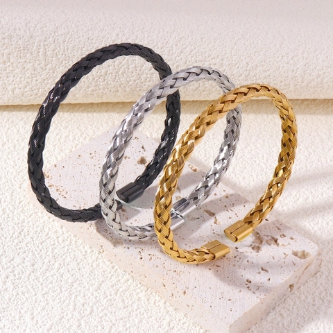 Stainless Steel Braided Cuff Bracelet Twisted Wire Open C Shape Minimalist Industrial Style Fashion Jewelry For Men Women