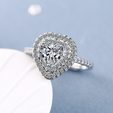 Heart Shaped Cubic Zirconia Ring Double Halo Platinum Plated Copper Adjustable Band Elegant Jewelry For Women