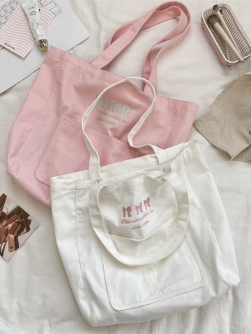 Damen Canvas Tote Bag Mit Bogenstickerei Große Kapazität Ästhetische Schulterhandtasche Für Schule Und Alltag