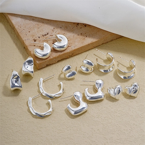 Minimalist Stainless Steel Stud Earrings For Women Silver Color Irregular Geometric Heart C Shape Liquid Metal Style Jewelry With Earring Post
