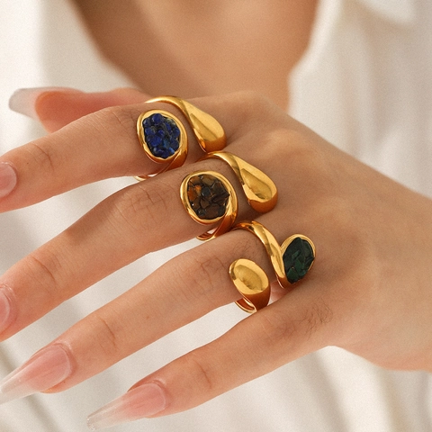 Vintage Geometric Open Ring Stainless Steel Gold Plated With Natural Crushed Stones Adjustable Minimalist Jewelry For Women