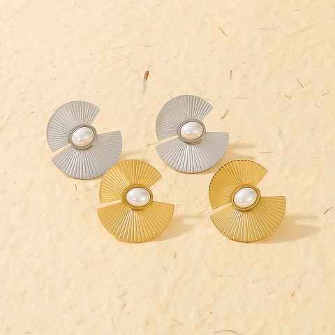 Fan Shaped Stud Earrings 18K Gold Plated Stainless Steel Irregular Geometric Faux Artificial Pearl Textured Elegant Jewelry For Women