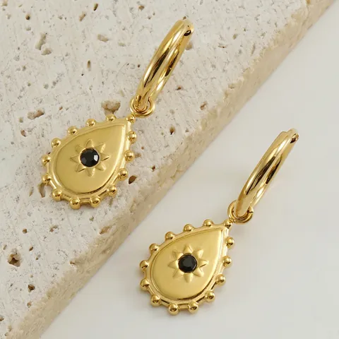 Orecchini A Cerchio Goccia Vintage Acciaio Inossidabile Placcato Oro 18K Zircone Nero Design Solare Per Donne