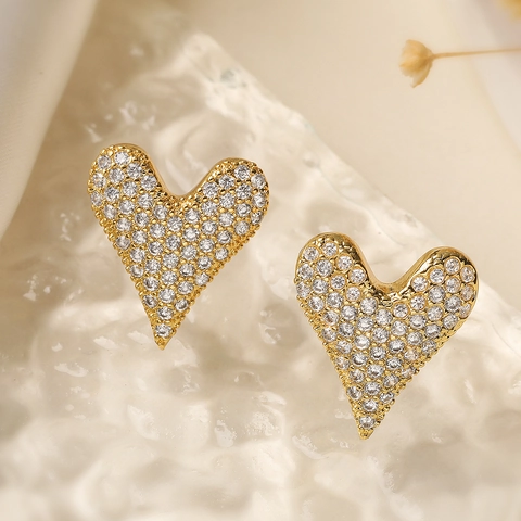 Heart Stud Earrings With Copper Earring Post Gold Plated Cubic Zirconia Niche Elegant Versatile Jewelry Gift For Women
