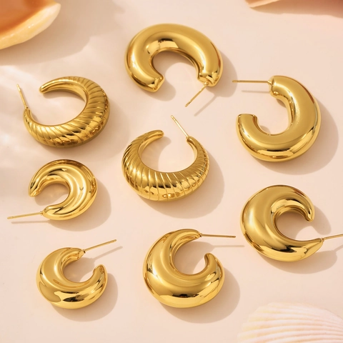 Chunky C-Hoop Earrings Stainless Steel 18K Gold Plated Hollow Geometric Croissant Tarnish Free Minimalist Women Jewelry