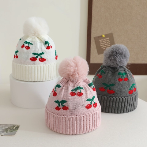 Kids Knitted Beanie Hat With Large Pom Pom Cherry Jacquard Pattern Winter Warm Ribbed Cuff Toddler Sweet Style