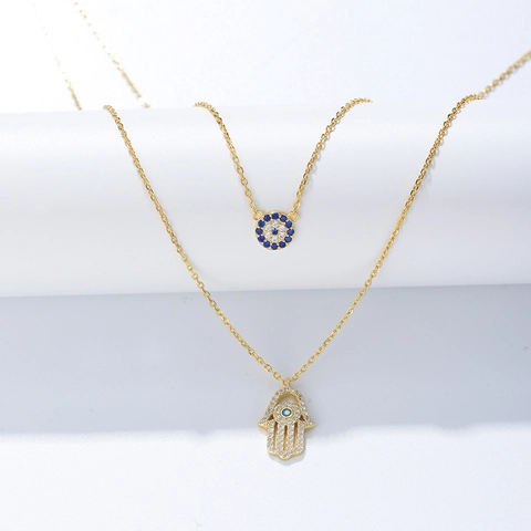 925 Sterling Silver Double Layer Evil Eye Hamsa Hand Pendant Necklace For Women Gold Silver Plated Rhinestone Jewelry