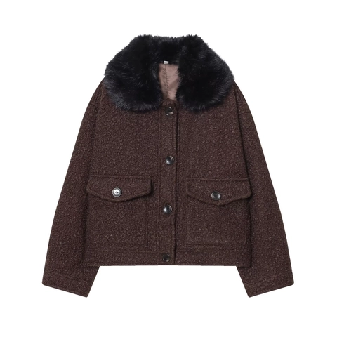 Women French Vintage Short Boucle Jacket Coat With Black Faux Fur Collar Single Breasted Long Sleeve Elegant Winter Jacket