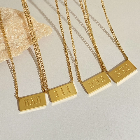 Angel Nummer Anhänger Halskette Edelstahl 18K Vergoldet Rechteck Tag Glück Minimalistisch Ästhetisch Schmuck Frauen