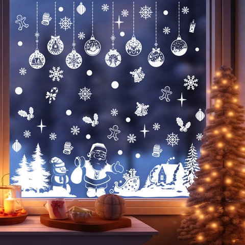 Christmas Window Stickers Static Clings White PVC Santa Reindeer Snowflakes Decals For Glass Door Shop Home Decor
