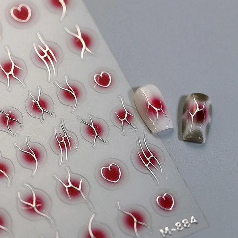 Nail Art Stickers 3D Relief Metallic Silver Heart Abstract Lines Cyberpunk Gothic Style Manicure Decoration