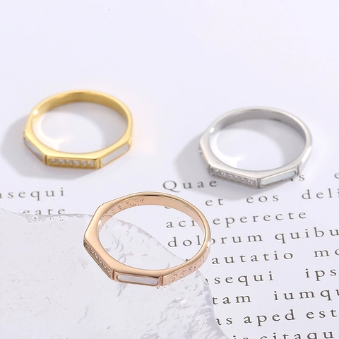 Anello Geometrico Ottagonale in Acciaio Inossidabile per Donna Con Intarsio in Conchiglia e Strass Gioielli Minimalisti