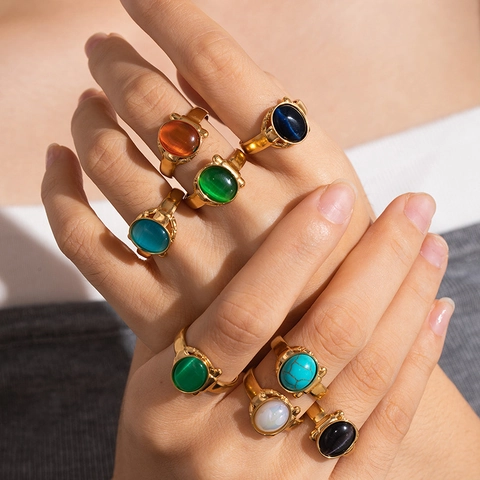 Bague Vintage Française Réglable en Acier Inoxydable Avec Pierre de l'Œil de Chat Ovale Élégante Bague Plaquée Or Femme