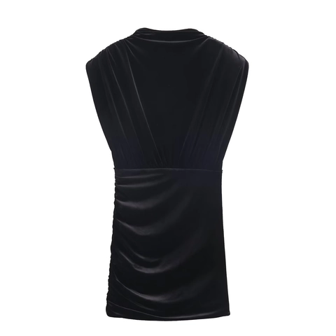 Velvet Sleeveless Ruched Bodycon Mini Dress Black Solid Color Elegant Party Clubwear Women