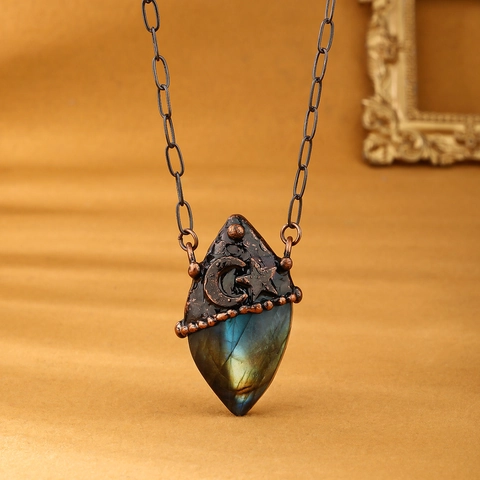 Collar Con Colgante De Gota De Labradorita Natural Vintage Bronce Antiguo Cobre Luna Estrella Joyería Para Mujer